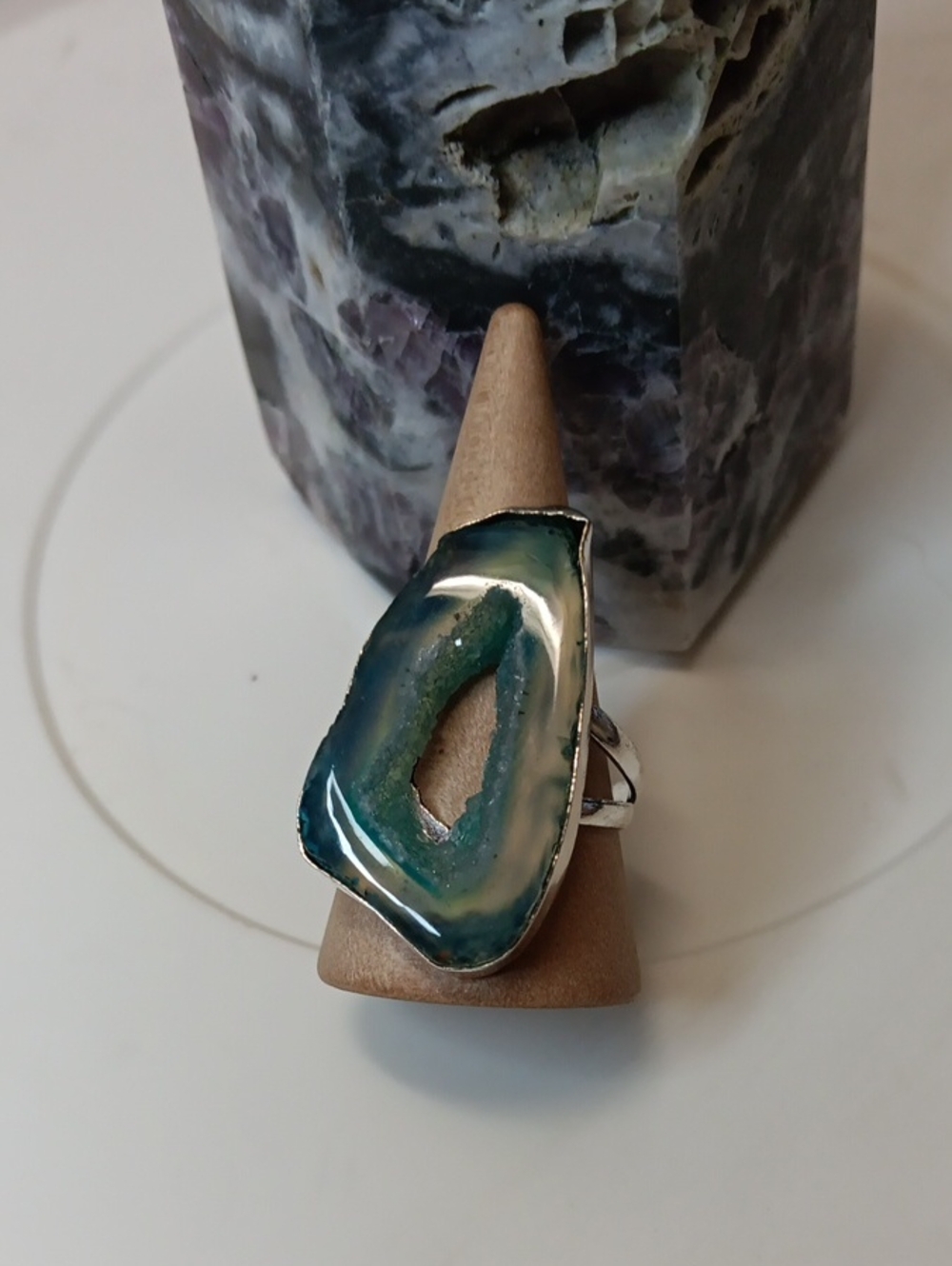 Teal Agate Slice Statement Ring - Women Jewelry